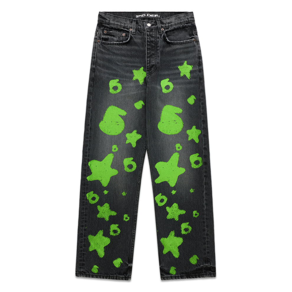 BELUGA STAMP DENIM: Faded black straight leg jeans with bright green splattered star and "6" designs.
