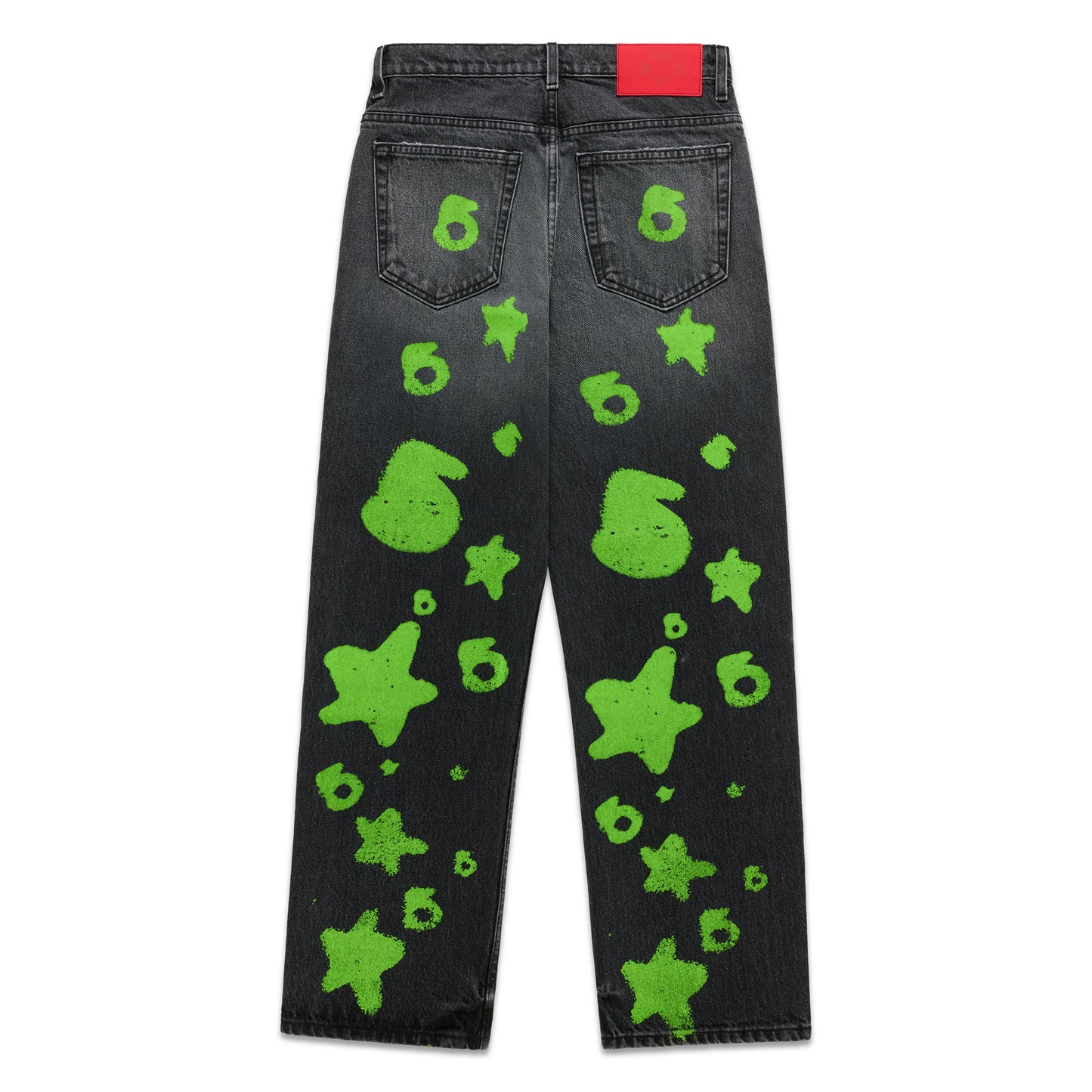 Faded black denim pants with bright green Beluga stamp and star designs, red back patch.