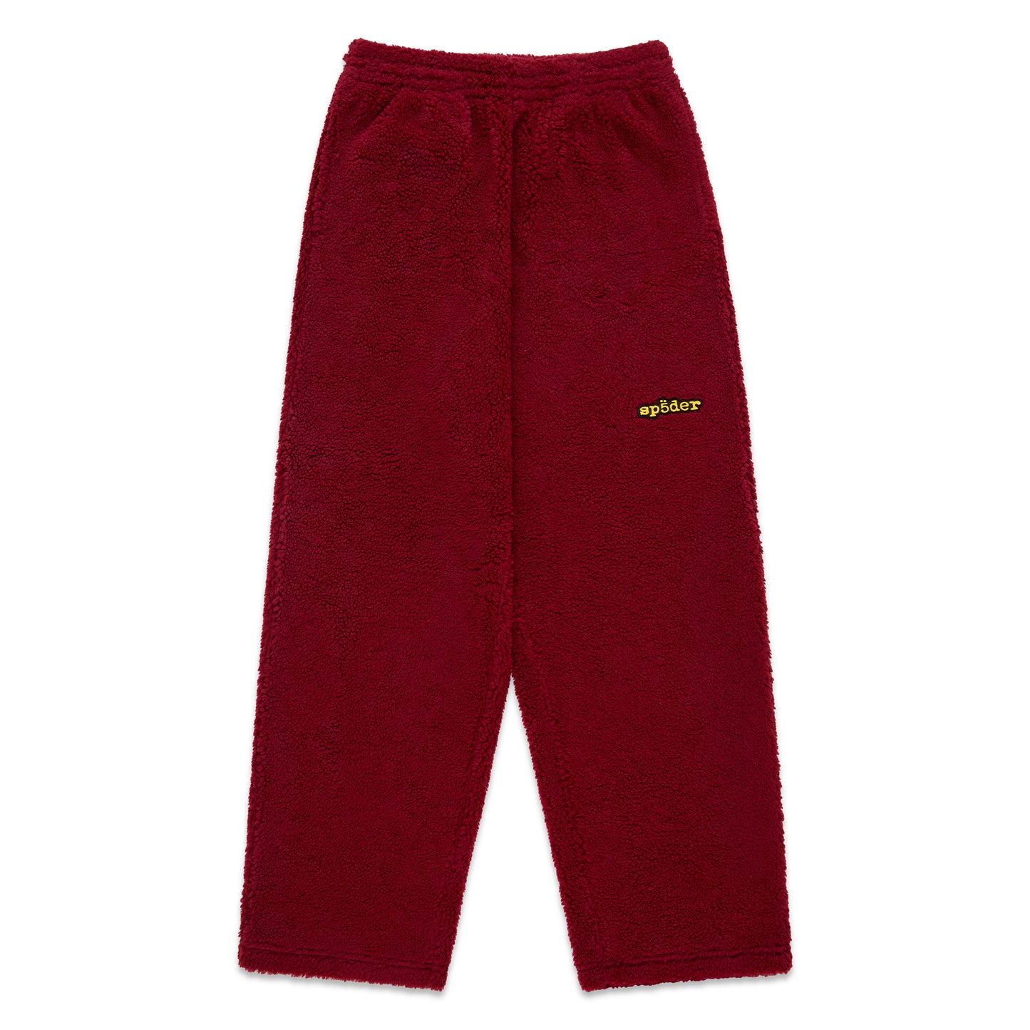 Red teddy fleece pant with elasticized waistband and yellow Sp5der logo.