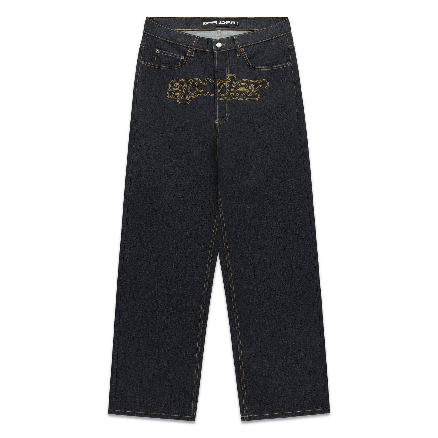 Dark wash denim jeans with yellow "SP5DER" embroidery across the crotch and straight leg fit.