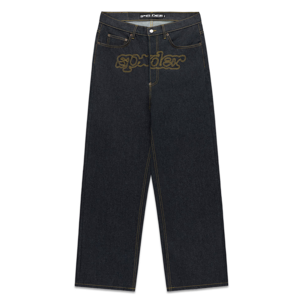 Dark wash denim jeans with yellow "SP5DER" embroidery across the crotch and straight leg fit.