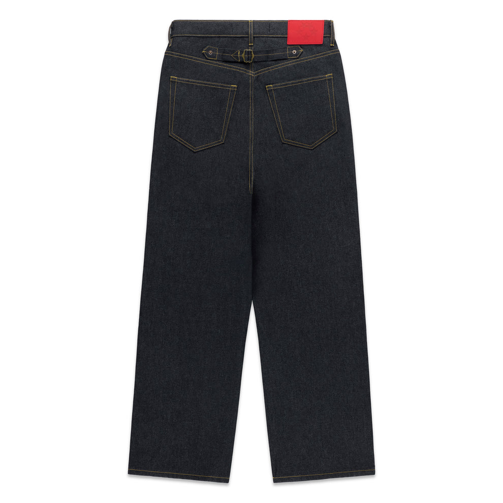 Dark wash denim jeans with yellow stitching, two back pockets, and a red leather patch.