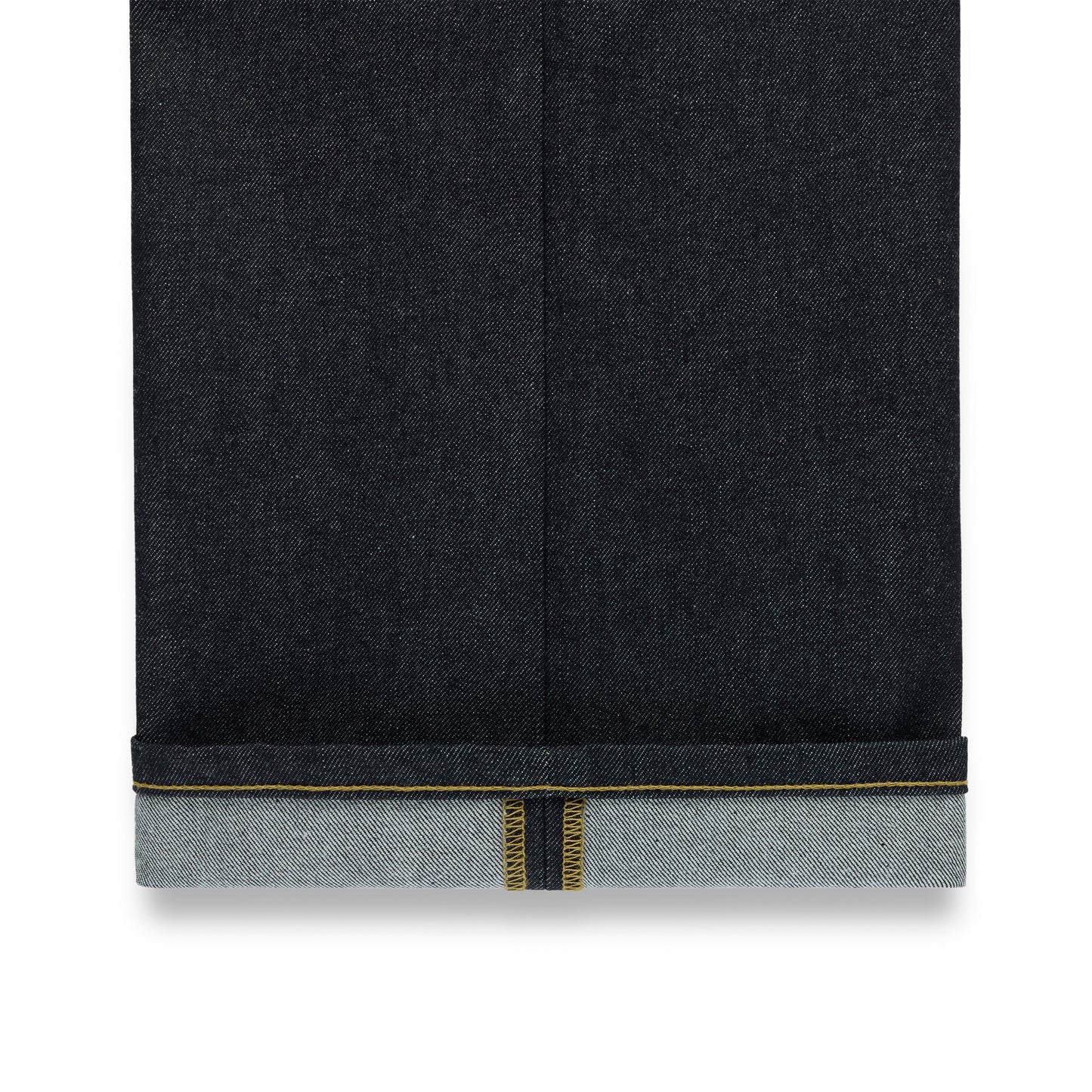 Dark indigo denim jeans with a straight leg fit and a cuffed hem revealing yellow selvedge stitching.