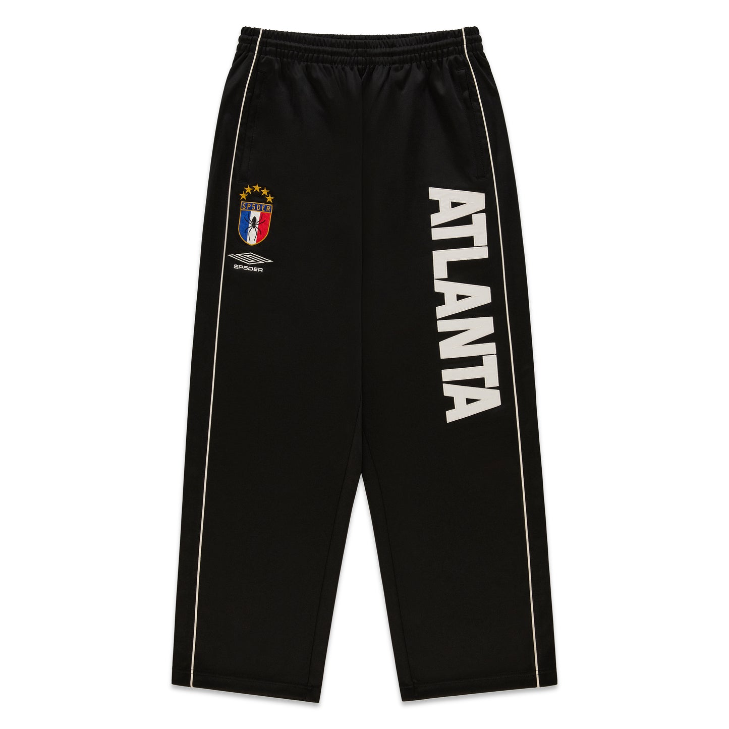 Black ATLANTA TRACK PANT with bold vertical graphic, SP5DER crest, and contrast piping.