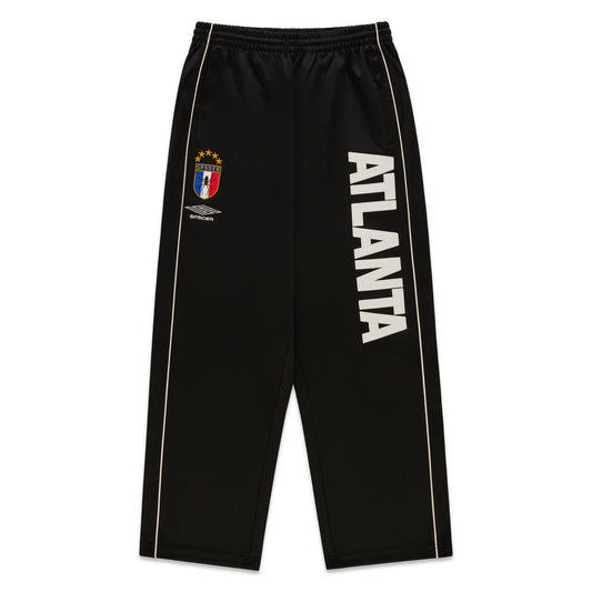 Black ATLANTA TRACK PANT with bold vertical graphic, SP5DER crest, and contrast piping.