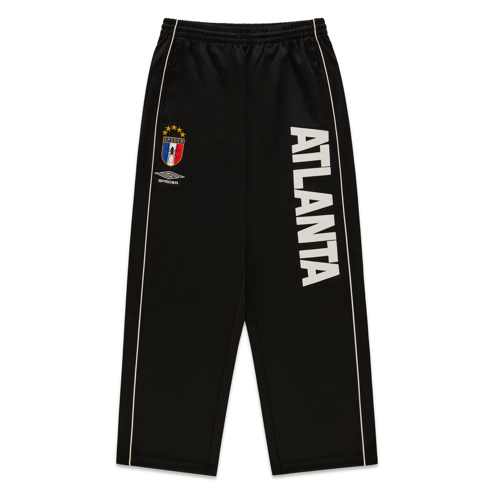 Black ATLANTA TRACK PANT with bold vertical graphic, SP5DER crest, and contrast piping.