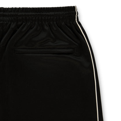 Black polyester track pant with elastic waistband, internal drawcord, and contrast side piping.