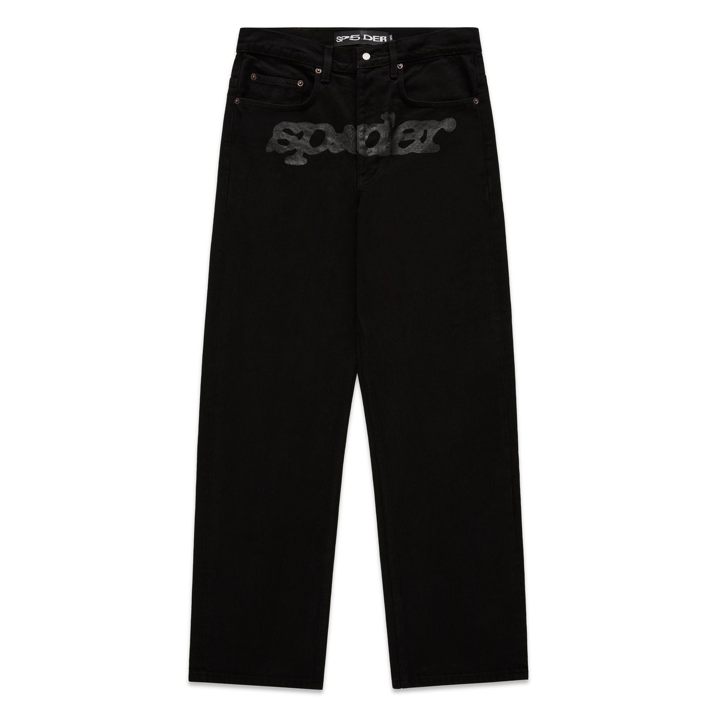 Black V3 DENIM straight leg jeans with printed V3 logo at crotch, custom hardware, and five-pocket styling.