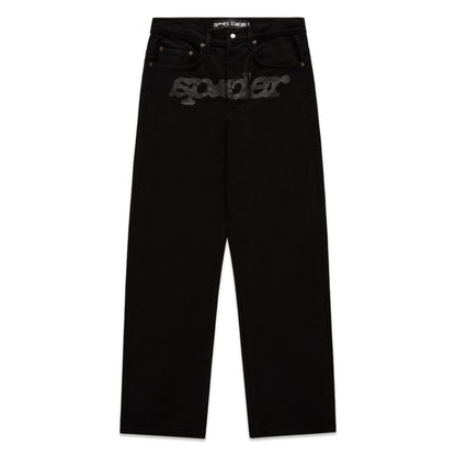 Black V3 DENIM straight leg jeans with printed V3 logo at crotch, custom hardware, and five-pocket styling.