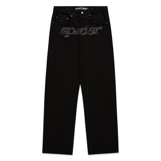 Black V3 DENIM straight leg jeans with printed V3 logo at crotch, custom hardware, and five-pocket styling.