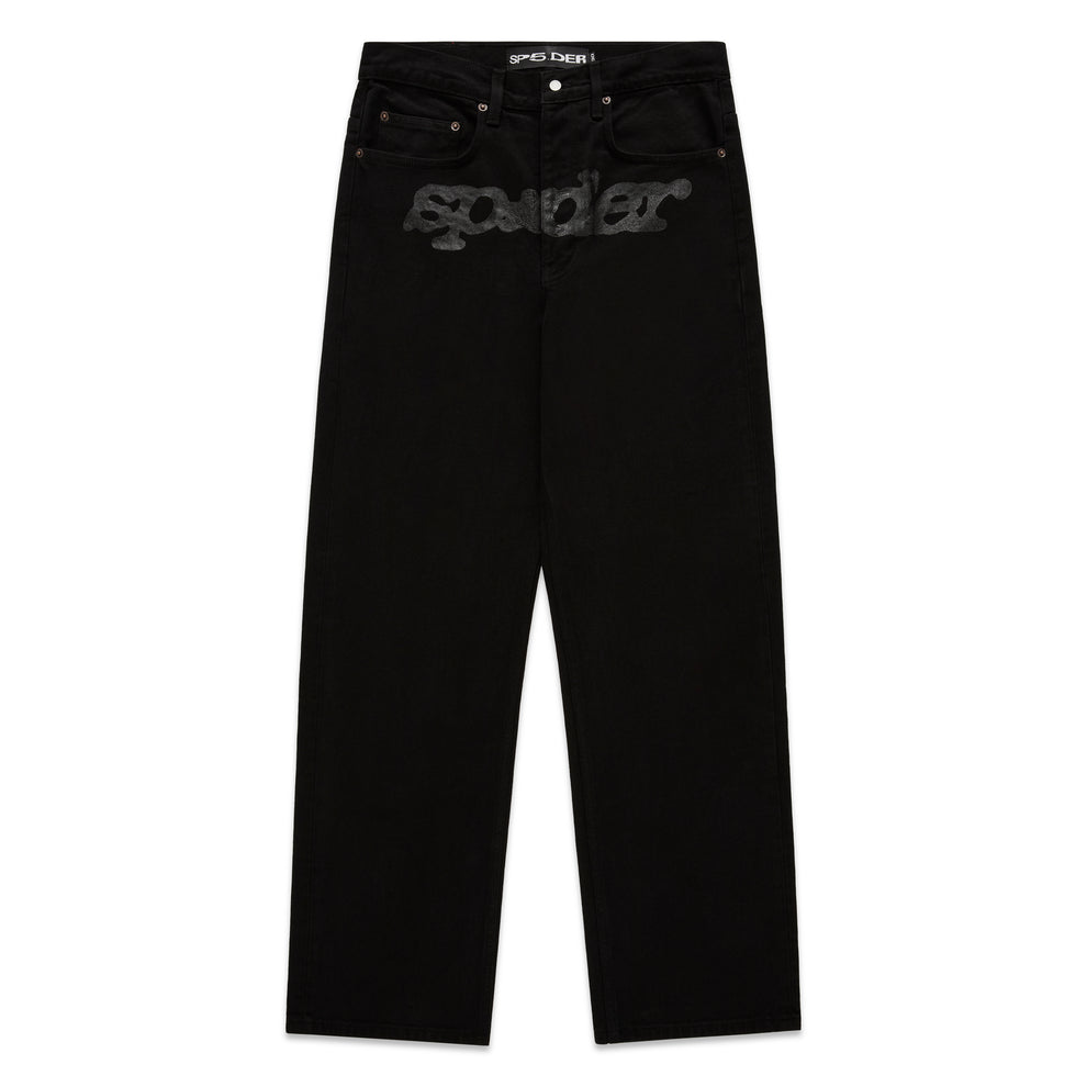 Black V3 DENIM straight leg jeans with printed V3 logo at crotch, custom hardware, and five-pocket styling.