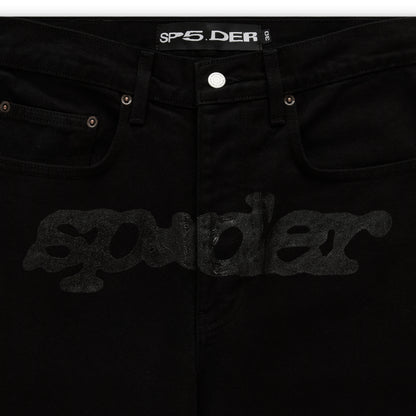 Black V3 DENIM pants with printed V3 logo at crotch, custom hardware, and five-pocket styling.