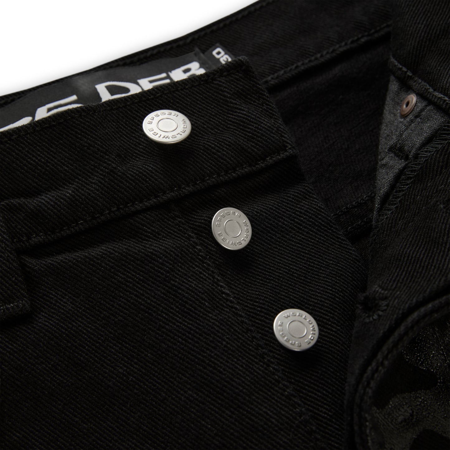 Black V3 DENIM pants with custom branded silver hardware buttons and belt loops.