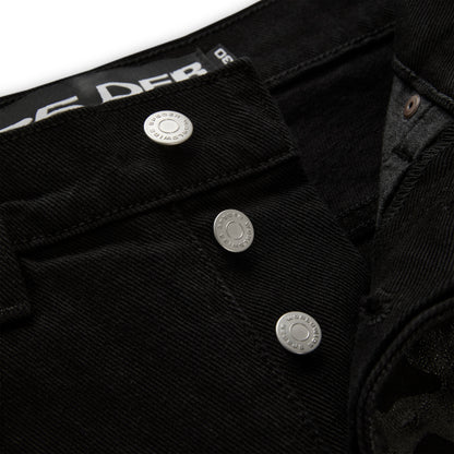 Black V3 DENIM pants with custom branded silver hardware buttons and belt loops.