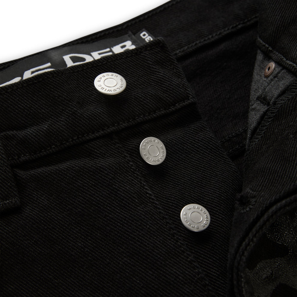 Black V3 DENIM pants with custom branded silver hardware buttons and belt loops.