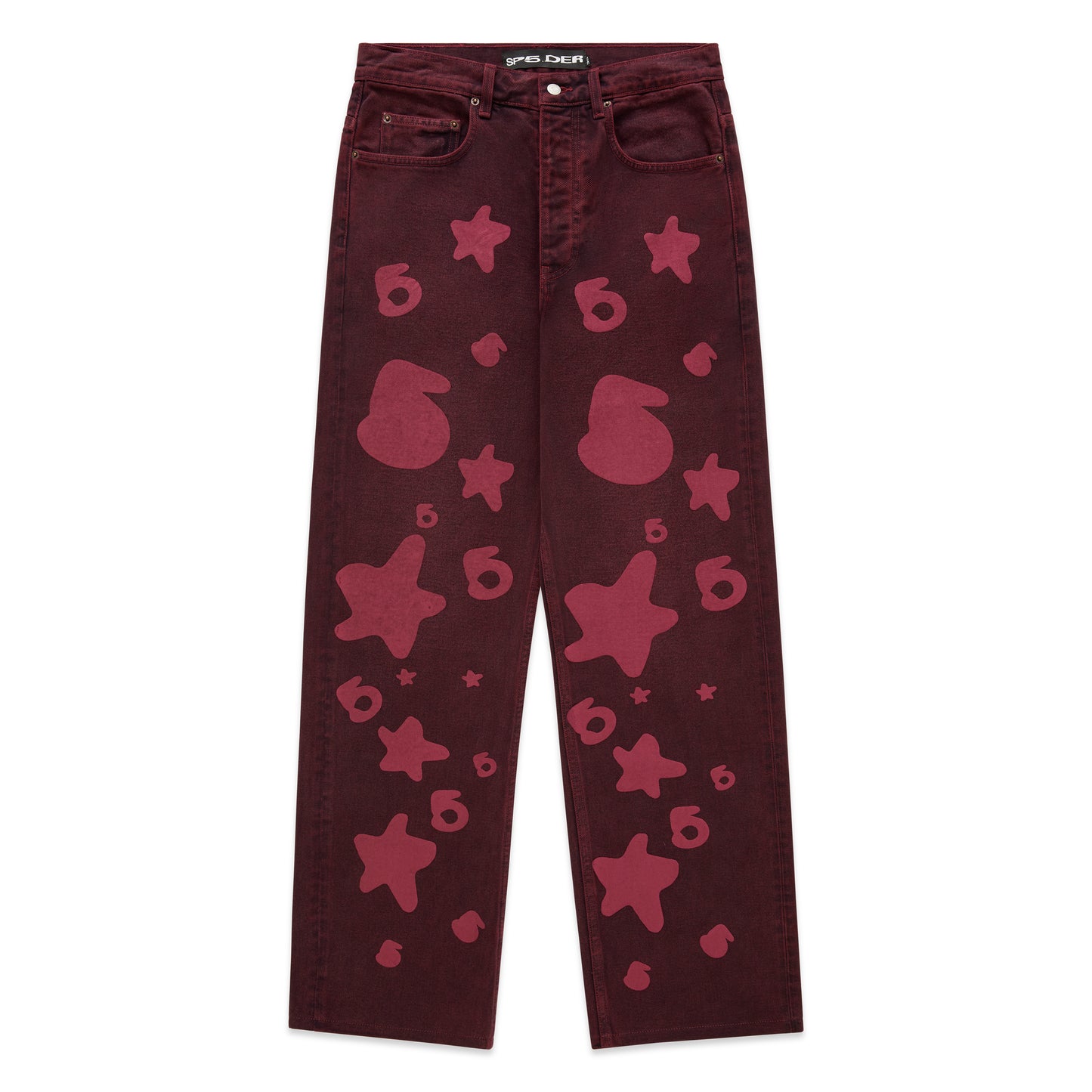 Faded wash Beluga Denim pants with red star and "6" print, custom hardware, and straight leg fit.