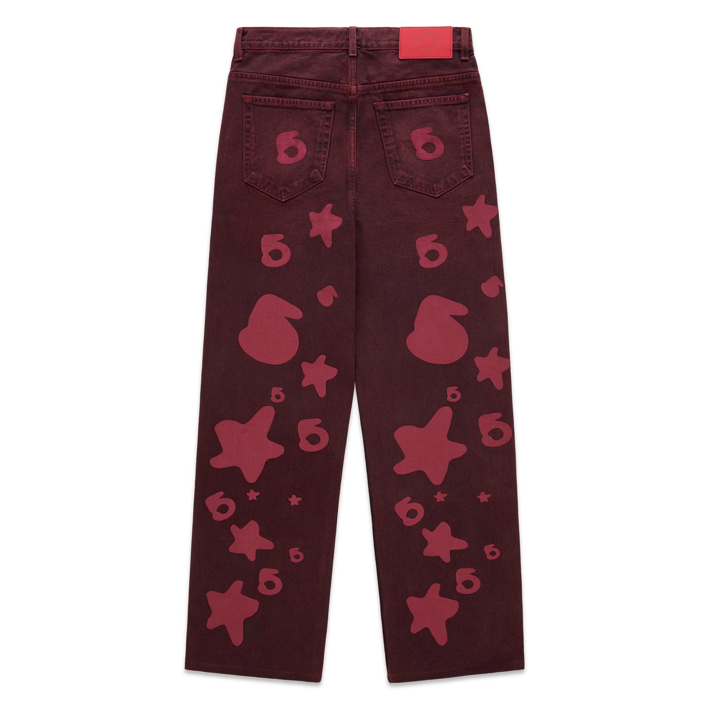 Faded wash Beluga Denim pants with red print, custom hardware, and leather back patch.