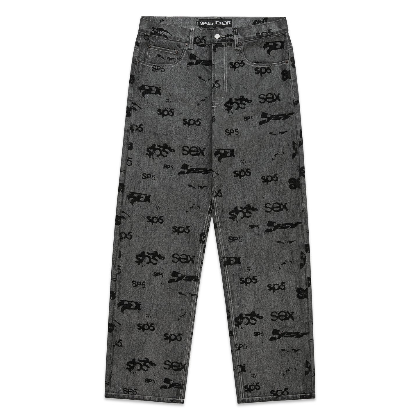 Gray denim pants with all-over black "SP5DER" and "SEX" print, red contrast stitching.