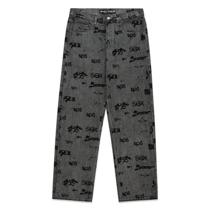 Gray denim pants with all-over black "SP5DER" and "SEX" print, red contrast stitching.