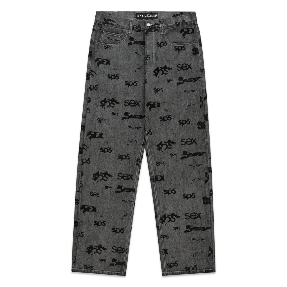 Gray denim pants with all-over black "SP5DER" and "SEX" print, red contrast stitching.