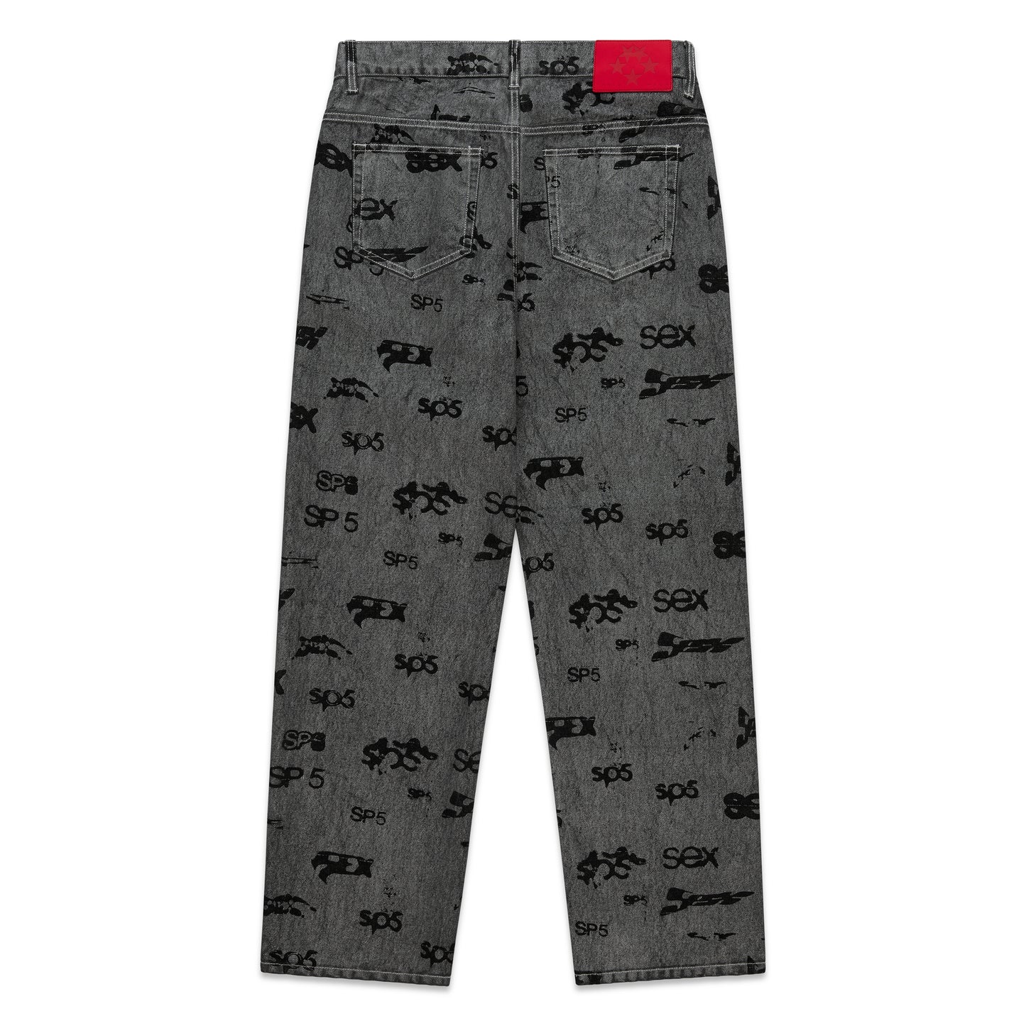 Washed black denim pants with all-over "SEX" and "SP5DER" print, red contrast stitching, and a red leather patch.