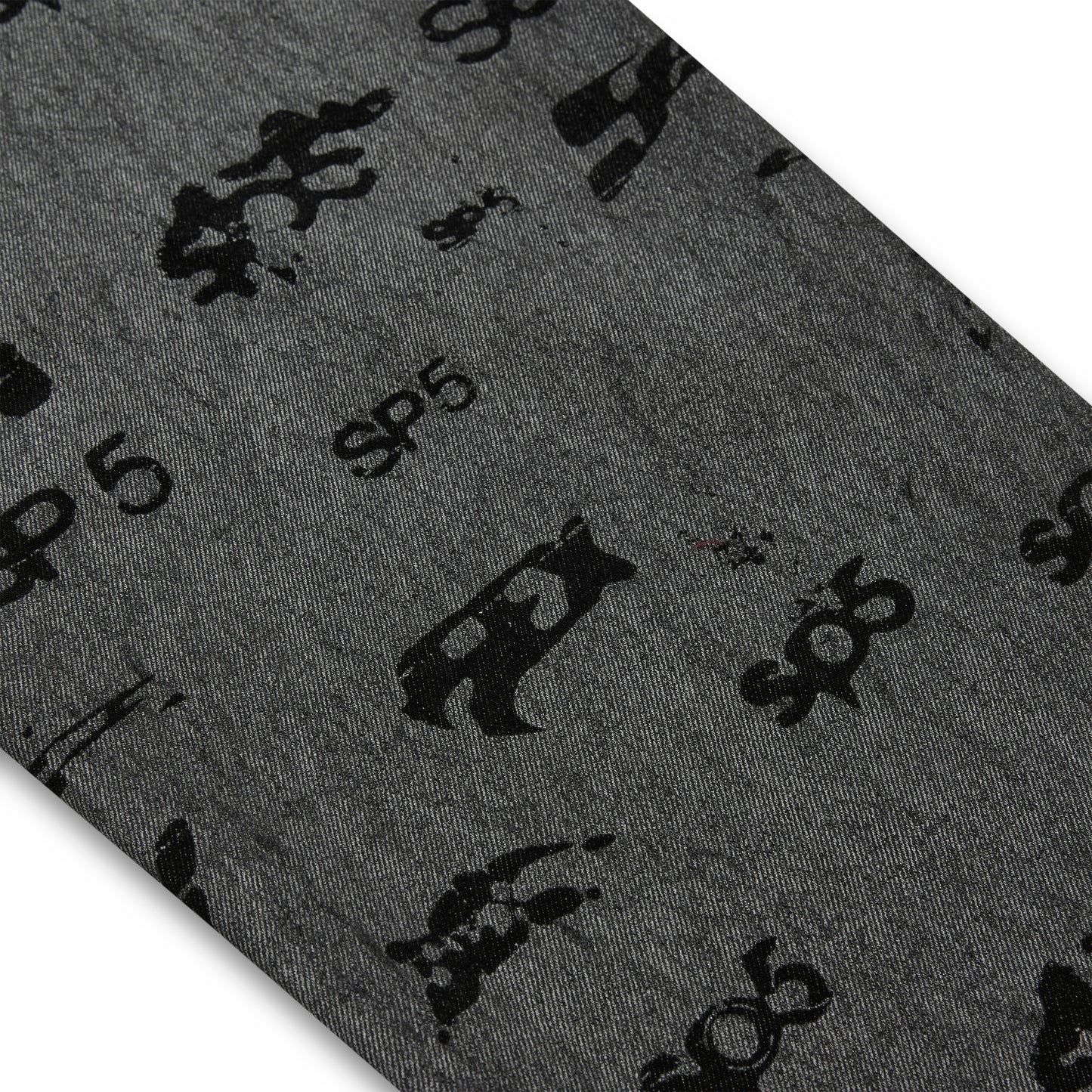 Gray denim pant with all-over black SP5DER print and subtle red contrast stitching.