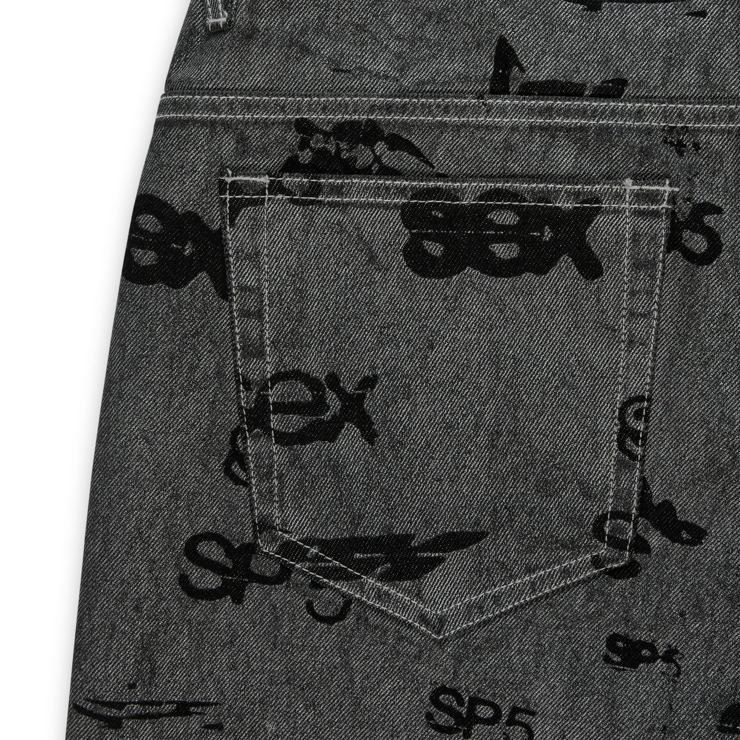 Gray denim pants with black all-over "SEX" print, five-pocket styling, and red contrast stitching.