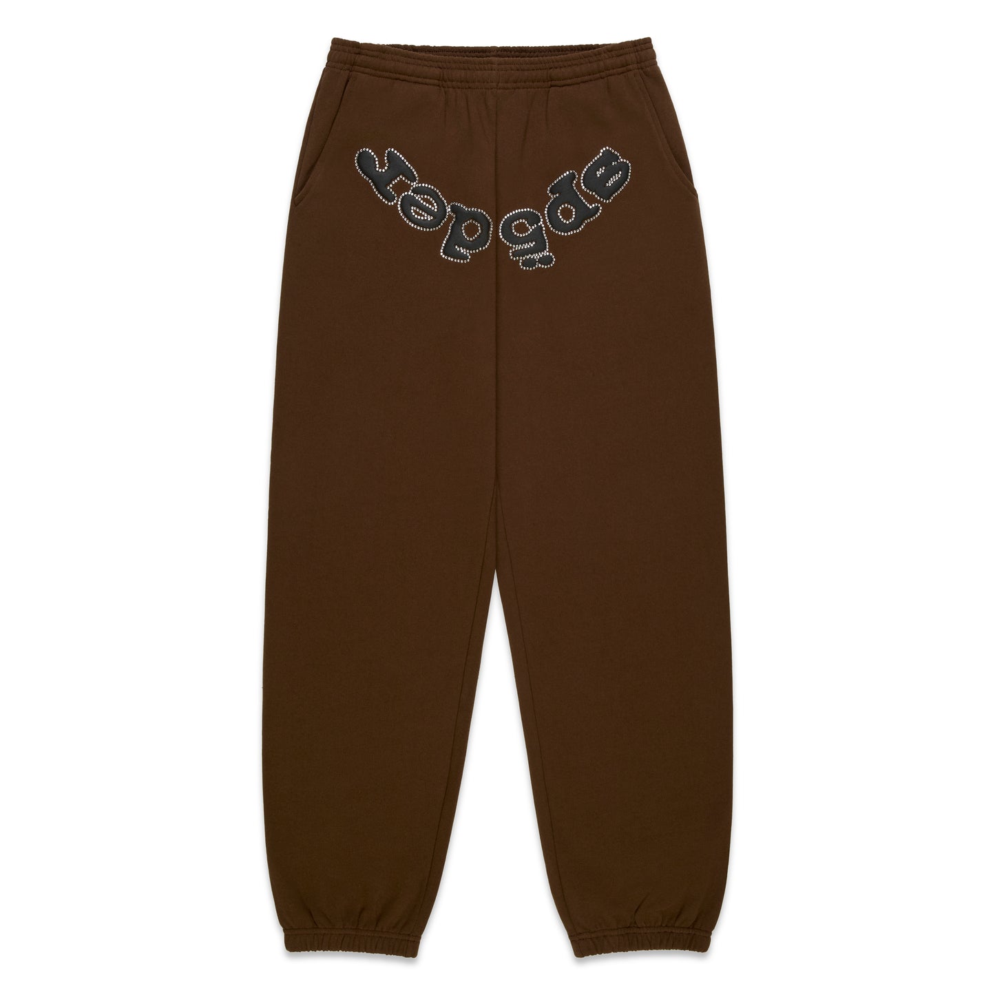 Brown cotton fleece sweatpants with "SP5DER" rhinestone logo on the crotch.