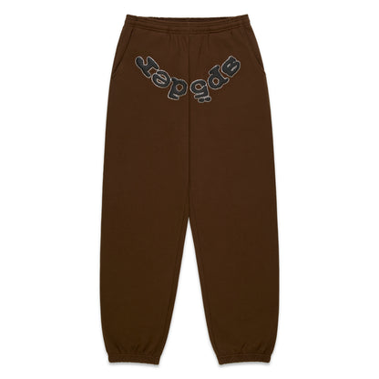 Brown cotton fleece sweatpants with "SP5DER" rhinestone logo on the crotch.