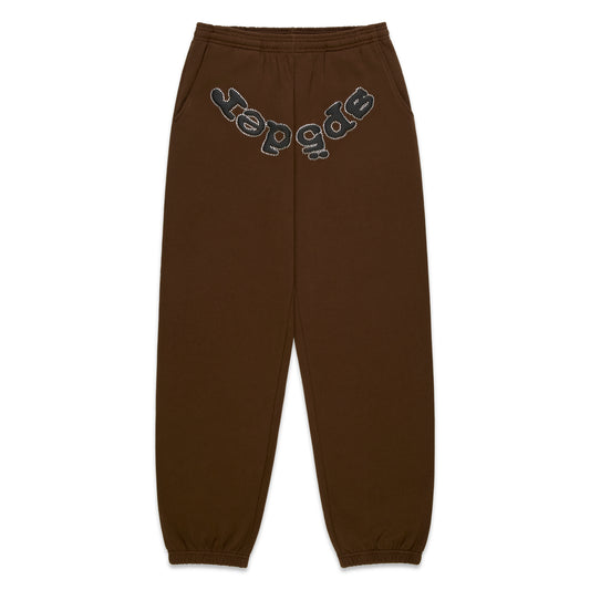 Brown cotton fleece sweatpants with "SP5DER" rhinestone logo on the crotch.