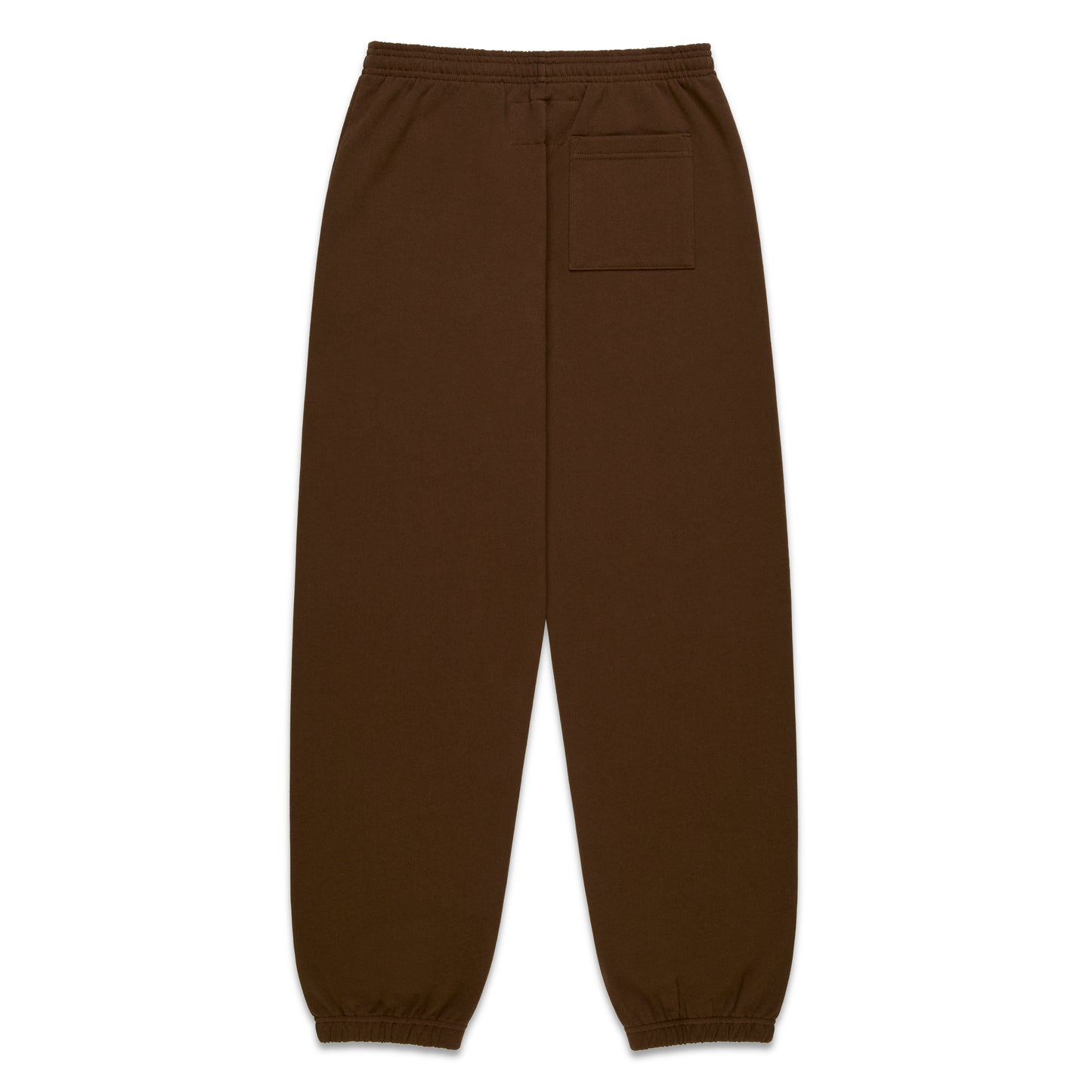 Brown 100% cotton fleece sweatpants with elasticized waistband and cuffs, featuring a single back pocket.
