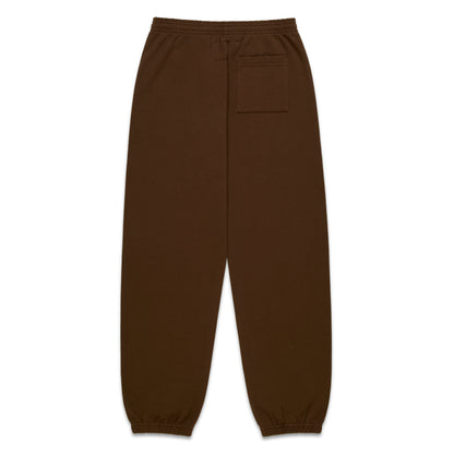 Brown 100% cotton fleece sweatpants with elasticized waistband and cuffs, featuring a single back pocket.
