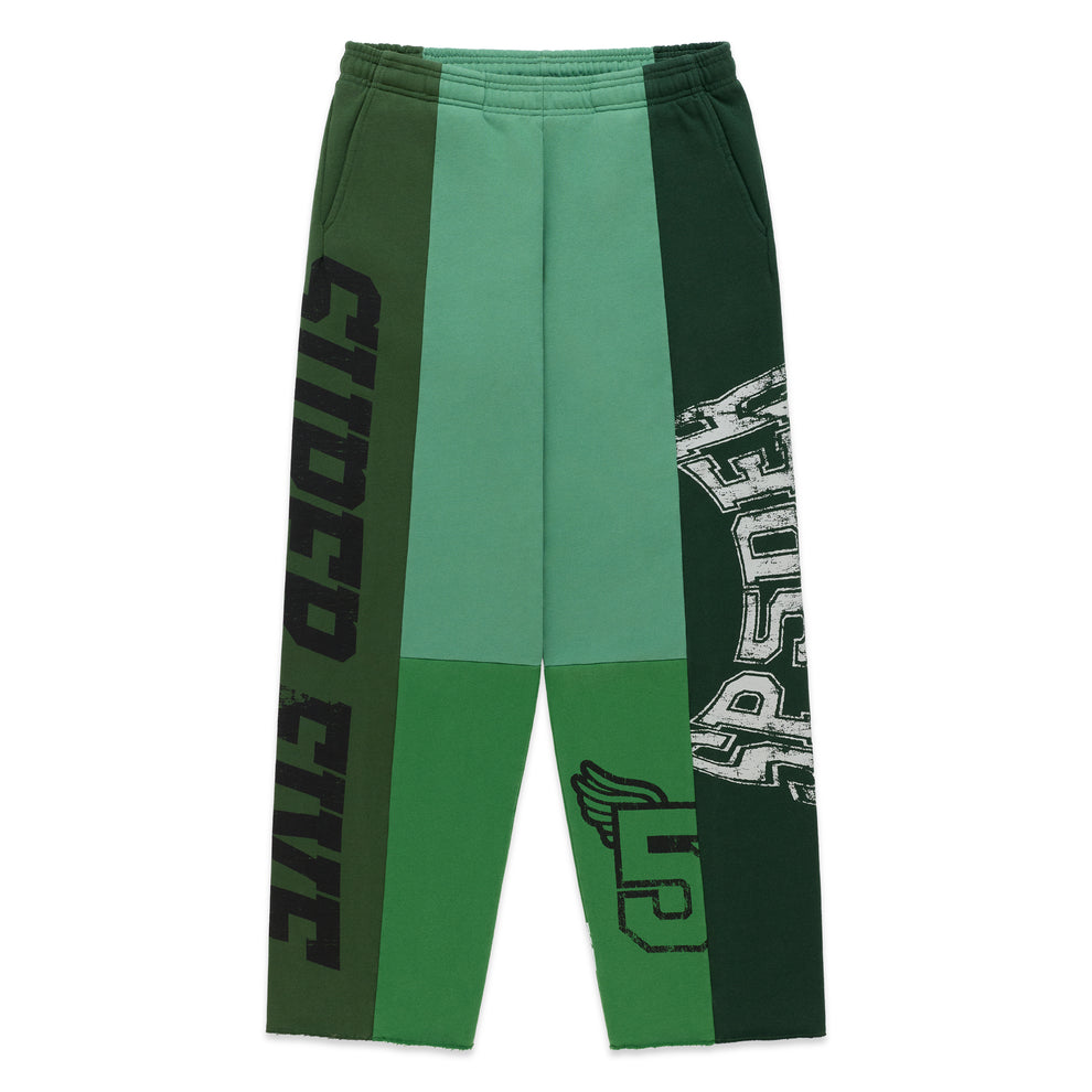 SUPERFIVE SWEATPANT: Green, contrast-paneled, 100% cotton fleece with graphic print and raw hem.
