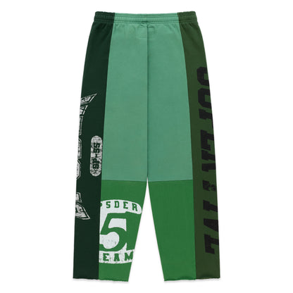 SUPERFIVE SWEATPANT: Green, wide-leg, 100% cotton fleece sweatpants with contrast panels, graphic print, and raw hem.