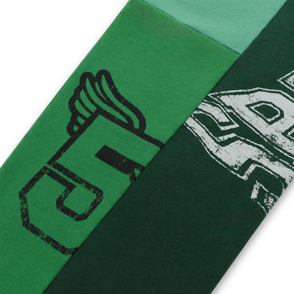 SUPERFIVE SWEATPANT: Green 13oz cotton fleece with contrast panels and graphic print.