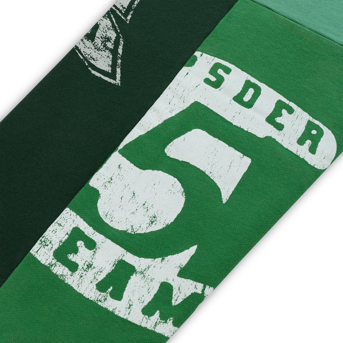 SUPERFIVE SWEATPANT: Dark and light green cotton fleece with distressed white graphic print.