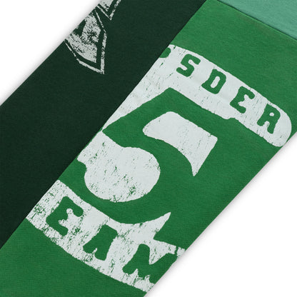 SUPERFIVE SWEATPANT: Dark and light green cotton fleece with distressed white graphic print.