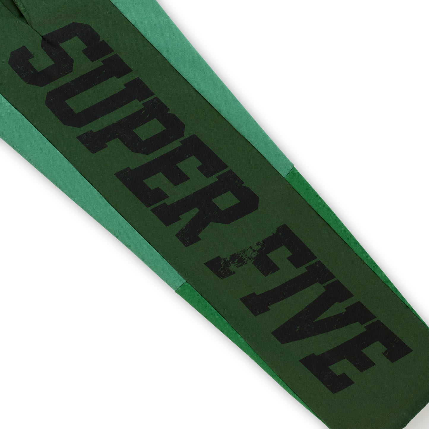 SUPERFIVE sweatpant in dark and light green 100% cotton fleece with black graphic print.