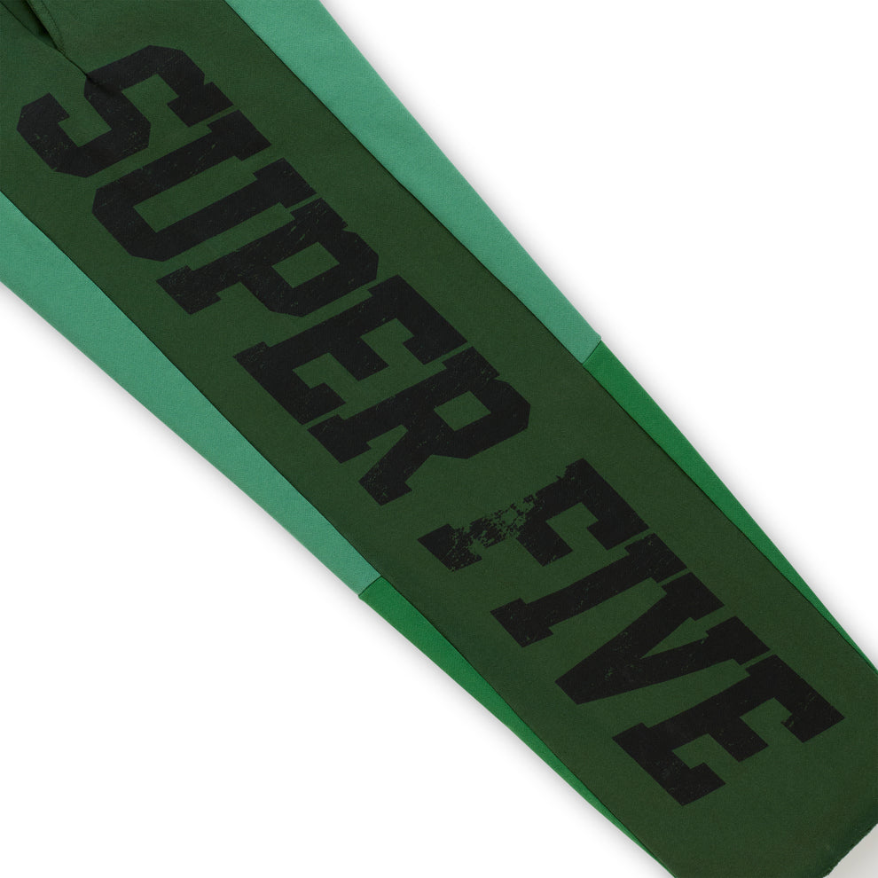 SUPERFIVE sweatpant in dark and light green 100% cotton fleece with black graphic print.