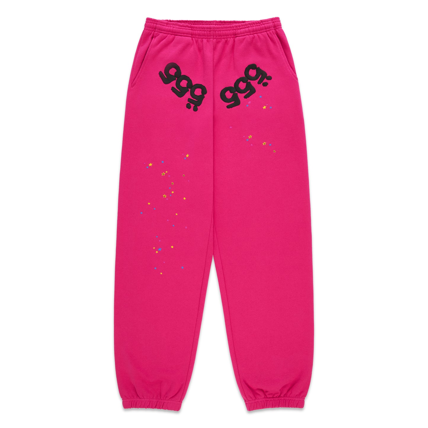 Pink fleece sweatpants with black '555' angel numbers on crotch and scattered colorful stars.