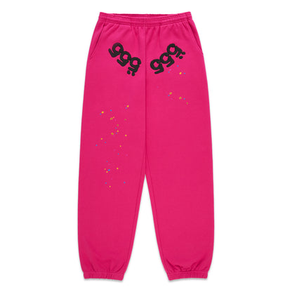 Pink fleece sweatpants with black '555' angel numbers on crotch and scattered colorful stars.