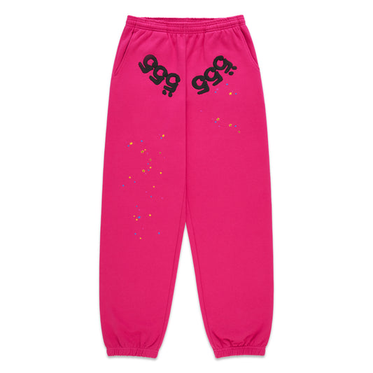 Pink fleece sweatpants with black '555' angel numbers on crotch and scattered colorful stars.