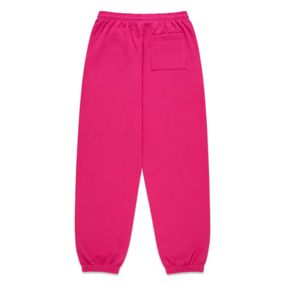 Pink 100% cotton fleece sweatpants with elasticized waistband and cuffs, featuring a back pocket.