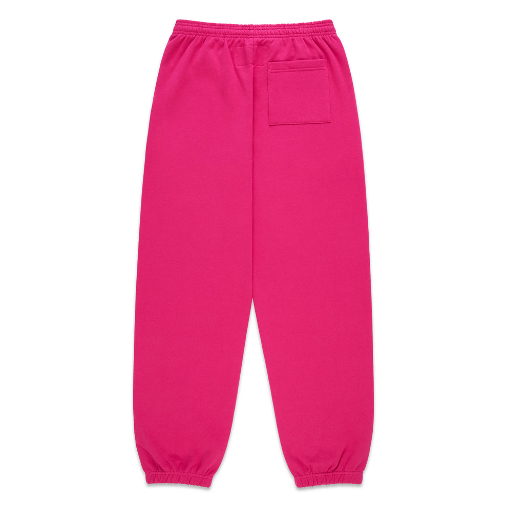 Pink 100% cotton fleece sweatpants with elasticized waistband and cuffs, featuring a back pocket.