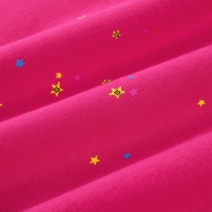 Pink cotton fleece sweatpant with scattered yellow, blue, and pink star prints.