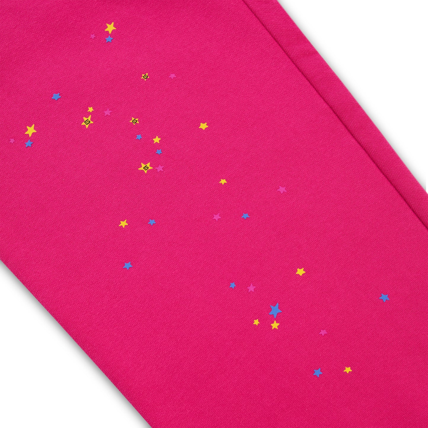 Pink ANGEL NUMBER SWEATPANT with scattered yellow, blue, and pink star print.