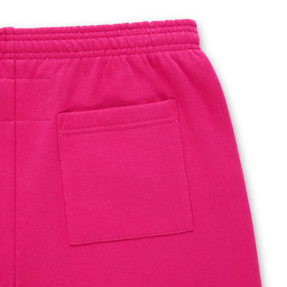 Hot pink fleece sweatpants with an elasticized waistband and a back patch pocket.