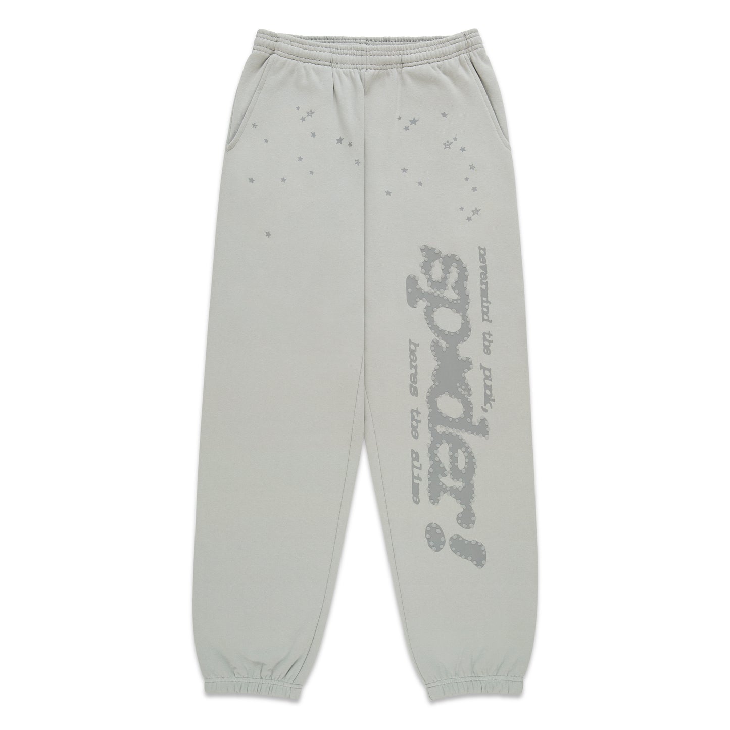 Light grey cotton fleece sweatpants with "P*NK SP5DER" text and scattered star print.
