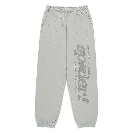 Light grey cotton fleece sweatpants with "P*NK SP5DER" text and scattered star print.
