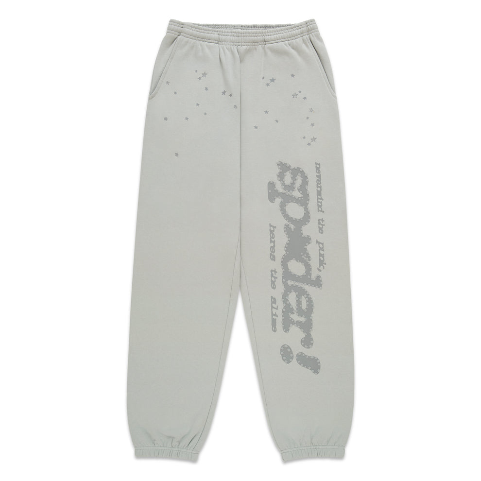Light grey cotton fleece sweatpants with "P*NK SP5DER" text and scattered star print.